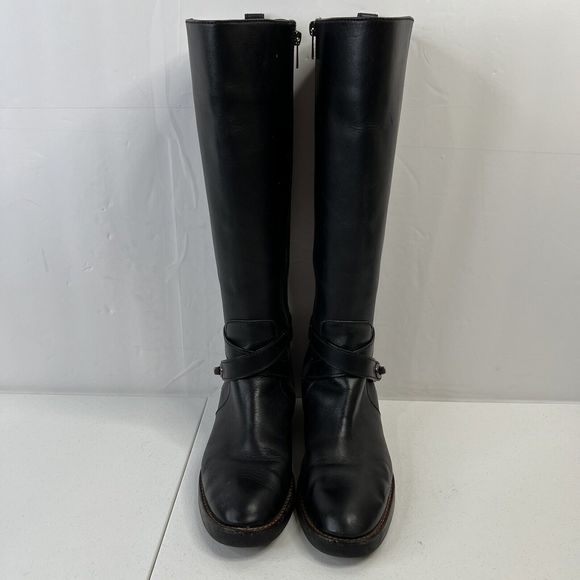 Coach Size 8 Turn Lock Riding Boots Black Leather Side Zip Stretch Panel Women’s - Picture 5 of 13